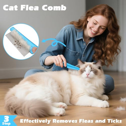 3PCS Cat Grooming Supplies, Cat Brush & Nail Clipper/Trimmer & Flea Comb for Shedding Indoor Cats Essentials Stuff Accessories (Blue) - color: Blue