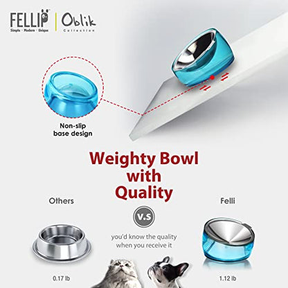 Felli Pet Oblik Whisker Fatigue Cat Food Bowl Raised Stainless Steel Shallow Dish, Pet Design Anti Vomit Tilted Metal Plate Feeder Elevated Acrylic Base(Sapphire, 0.5 Cups Shallow Dish) - color: Sapphire, size: 0.5 Cups Shallow Dish