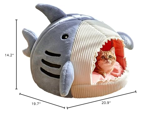 QWINEE Cat Mat Shark-Shaped Kennel Kitten Bed Hideout House Warm Soft Comfortable Semi-Closed Cat Dog Nest Blue L - color: Blue, size: Large