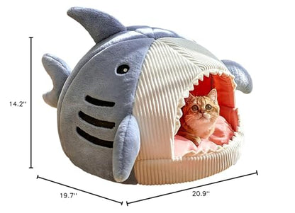 QWINEE Cat Mat Shark-Shaped Kennel Kitten Bed Hideout House Warm Soft Comfortable Semi-Closed Cat Dog Nest Blue L - color: Blue, size: Large