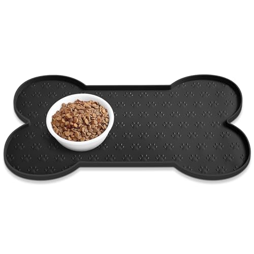 PWTAA Dog Food Mat Anti-Slip Silicone Dog Bowl Mat Thicker Pet Placemat Waterproof Cat Feeder Pad with Raised Edge Puppy Kitten Feeding Mats Suitable Small Medium-Sized Dogs Cats Eating Tray - color: Black, size: 19.4" x 9.8"