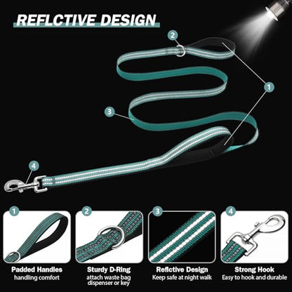 Hikiko 5 FT Heavy Duty Dog Leash with 2 Padded Handles Reflective Nylon Double Handle Dog Leash, Dark Green - color: Dark Green, size: 1 in x 5 ft