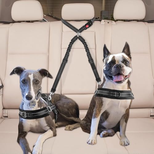 Dog Seat Belt for Car, Dual Pet Vehicle Headrest Restraint Safety Seatbelt,Two Dog Leash No Tangle Dog Car Leash Seat Belt,Duty Adjust Elastic Connect Harness in Vehicle Travel (Blue) - color: Blue