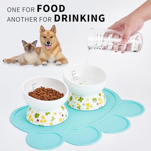 Ceramic Elevated Cat Food and Water Bowls - 2 Pack Small Dog Feeding Set With Tilted Design and Anti-Slip Silicone Mat - color: lucky color