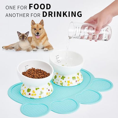 Ceramic Elevated Cat Food and Water Bowls - 2 Pack Small Dog Feeding Set With Tilted Design and Anti-Slip Silicone Mat - color: lucky color