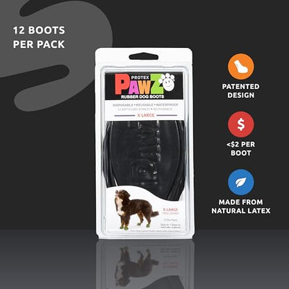 PawZ Rubber Dog Boots for Large Paws - All-Weather Waterproof Dog Shoes, Anti-Slip Traction for Rain, Snow, Mud & Hot Pavement - Pull-On Dog Booties, Black - X-Large (4" +) - Pack of 24 - size: XL