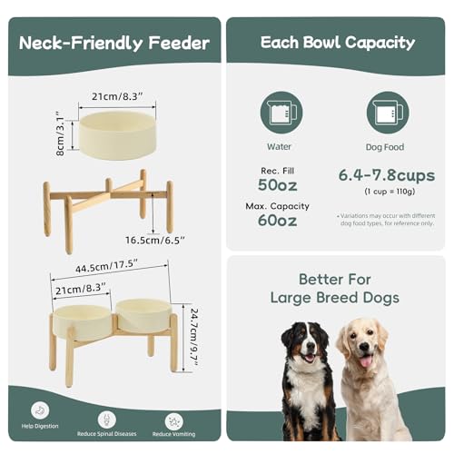 Havniva 8.3inch Ceramic Raised Dog Bowl with Stand, Double Dog Bowls Elevated for Large Breed Dog Food and Water Bowl Set Non-Slip Dog Dish Large Capacity Feeding Pet Water Bowl - color: 2 Bowls+Stand - Light Yellow, size: 8.3inch