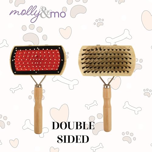 Double-Sided Dog 7 Inch Grooming Brush with Wood Handle, 2-In-1 Pin and Bristle Brush for Pet Hair