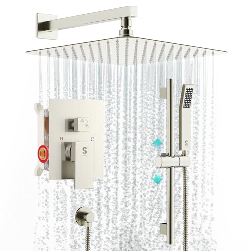 SR SUN RISE Shower System with 10" Rain Showerhead, Square Handheld Showerwith 16-Inch Slide Bar and 71-Inch Hose, Wall Mounted Shower Faucet Set Included Valve and Trim Kit, Brushed Nickel - color: Brushed Nickel, style: 10"