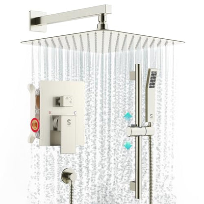 SR SUN RISE Shower System with 10" Rain Showerhead, Square Handheld Showerwith 16-Inch Slide Bar and 71-Inch Hose, Wall Mounted Shower Faucet Set Included Valve and Trim Kit, Brushed Nickel - color: Brushed Nickel, style: 10"