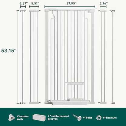 Ostutry 53in Extra Tall Cat Gate for Doorway, 29.5-40.6in Wide Auto Close Pet Gate with Cat Door, Climb Proof Dog Gate No Drilling Pressure Mounted, White