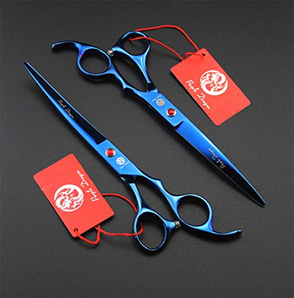 Purple Dragon Professional 7.0 inch 4PCS Pet Grooming Scissors Kit Japan Premium Steel Straight & Curved & Thinning Blade Dog Hair Cutting Shears Set with Case - color: Blue