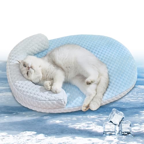 Summer Cat Cooling Mat - Cooling Cat Bed for Cats or Small Dogs, Cat Summer Sleeping Beds with U-Pillow Soft and Comfortable, Calming Cozy Cat Cushion Washable, Non-Slip Bottom Removable - color: Blue against Grey