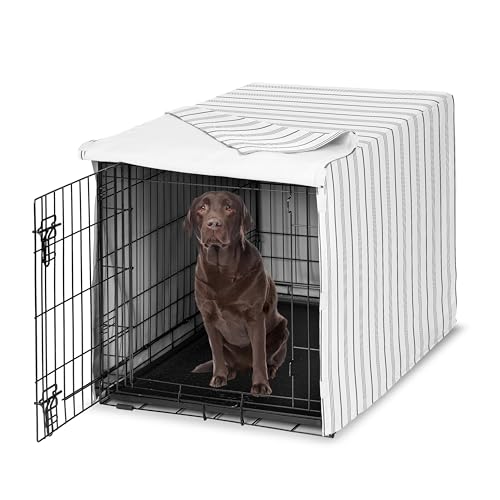 Sweet Jojo Designs 42in. Medium/Large Dog Crate Cover (White and Grey Stripe) Pet Cage, Kennel Covers (Modern, Neutral, Contemporary, Striped, Elegant, Pinstriped, Minimalist, Gray Stripes) - color: White and Grey Stripe, size: 42.0"L x 28.5"W x 30.0"H