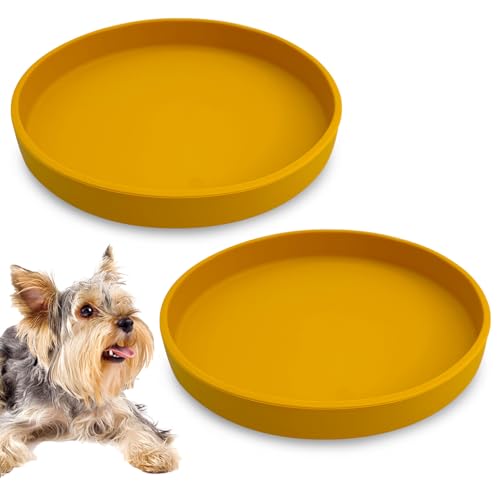 Silicone Dog Bowl Shallow Cat Food Bowls 7" Wide Puppy Plates Whisker Fatigue Pet Feeding Dishes Set of 2 for Dry Food and Wet Food Indoor (Round Yellow) - color: Yellow, size: L: 7 inches - without Suction Cup