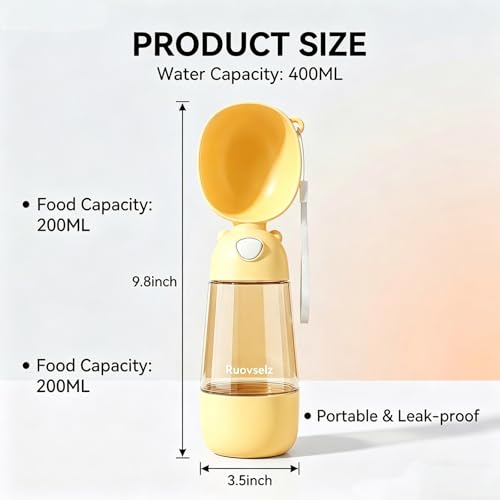 2-in-1 Dog Water Bottle, 400ML Water + 200ML Food Leak-Proof Pet Travel Water Dispenser with Detachable Bowl, BPA-Free Portable Dog Water Bottle for Walking, Hiking, Travel (Yellow) - color: yellow