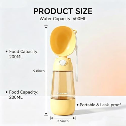 2-in-1 Dog Water Bottle, 400ML Water + 200ML Food Leak-Proof Pet Travel Water Dispenser with Detachable Bowl, BPA-Free Portable Dog Water Bottle for Walking, Hiking, Travel (Yellow) - color: yellow