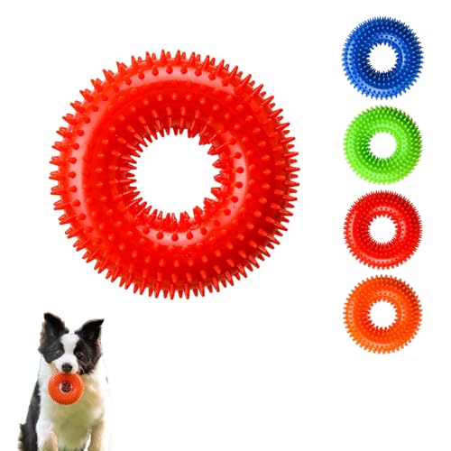Dog Toys Squeaky - Spiky Ring for Chewers Dog Teething Toy with Rope, Squeaky Puppy Teething Spikey Glitter Ring Chew Toy, Aggressive Chew Indestructible for Puppy Teething Boredom Relief (Red) - color: Red