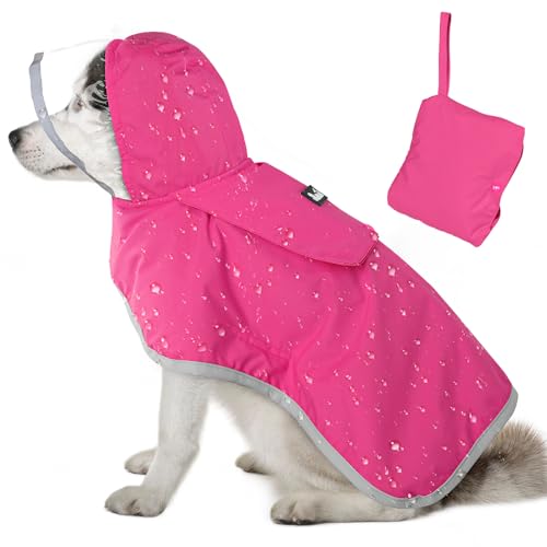 Lukovee Dog Raincoat, Adjustable Dog Rain Jacket with Clear Hooded Double Layer for Large Medium Small Dogs Puppies, Waterproof Rain Coat Poncho with Reflective Storage Pocket & Rim (Fuchsia, S) - color: Fuchsia, size: Small