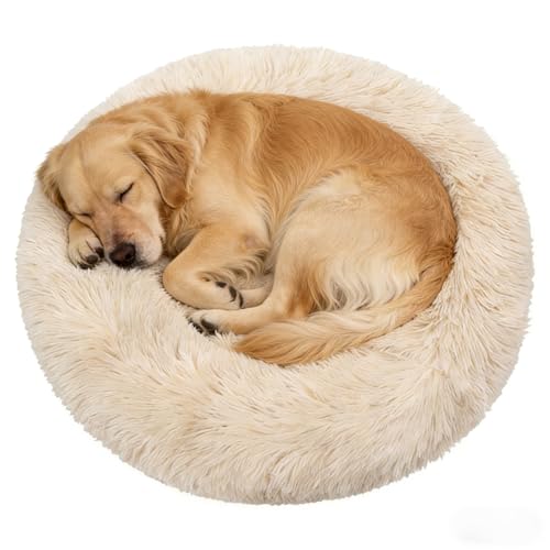 Calming Donut Dog Beds Large Sized Dog - Washable Removable Cover Non-Slip, Round Pet Bed Warming Fluffy Plush Faux Fur Anti-Anxiety Thick Cushion, Fits up to 80 lbs (Beige, 36") - color: Beige, size: 36"L x 36"W x 8"Th