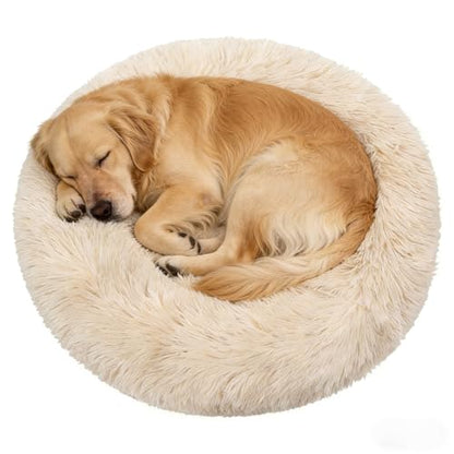 Calming Donut Dog Beds Large Sized Dog - Washable Removable Cover Non-Slip, Round Pet Bed Warming Fluffy Plush Faux Fur Anti-Anxiety Thick Cushion, Fits up to 80 lbs (Beige, 36") - color: Beige, size: 36"L x 36"W x 8"Th