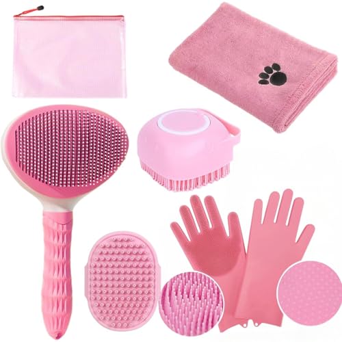 Pet Grooming Kit with Deshedding Brush, Shampoo Dispenser Brush, Bath Gloves & Microfiber Towel - Dog & Cat Bathing Supplies for Shedding Control & Coat Care (Pink)