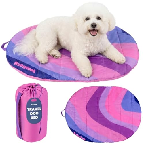 Travel Dog Bed (30" x 22") – Foldable & Packable for Travel, Road Trip, Camping – Lightweight, Water Resistant & Cozy with Soft Padding – Compact, Portable & Machine Washable – Small Breeds: Pink - color: Pink Horizon, size: Small