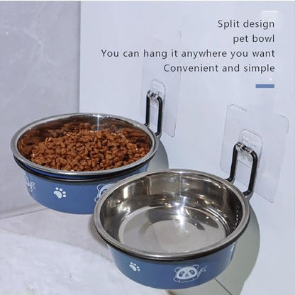 Wall Mounted Cat Food Bowls Stainless Steel Pet Feeding Station Food Bowls with Stands for Puppy Small Dogs Cats (Blue, 14cm)