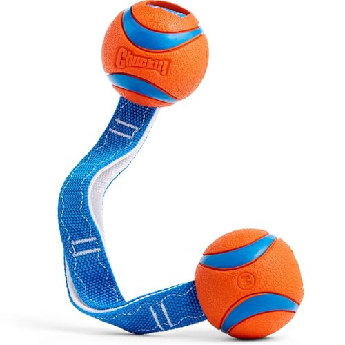 Chuckit! Ultra Duo Tug Dog Toy - Two Ultra Balls on a Durable Nylon Cord Handle - Fetch and Tug-of-War Toy for Dogs - Size Medium - For Breeds 20-60 lbs - 2.5-inch Diameter - Orange and Blue - size: Medium, style: Ultra Duo Tug