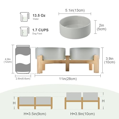 SPUNKYJUNKY Elevated Dog Bowls Ceramic, 5.1'' Dogs and Cat Food Water Bowls Raised with Non-Slip Bamboo Stand for Puppy Small Sized Breed Microwave Dishwasher Safe - 13.5 OZ,Grey - color: Grey, size: 5.1 in - 1.7 cups