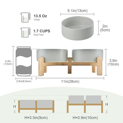 SPUNKYJUNKY Elevated Dog Bowls Ceramic, 5.1'' Dogs and Cat Food Water Bowls Raised with Non-Slip Bamboo Stand for Puppy Small Sized Breed Microwave Dishwasher Safe - 13.5 OZ,Grey - color: Grey, size: 5.1 in - 1.7 cups