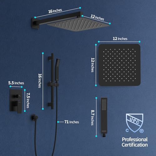 SR SUN RISE 12 Inch Slide Bar Shower Faucet Luxury High Pressure Shower Heads and Handheld Spray Combo Set Wall Mounted Shower System Included Valve and Trim Kit, Matte Black - color: Matte Black, style: 12"