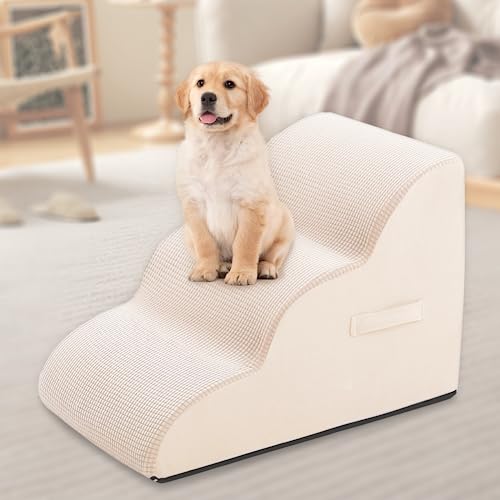 Dog Steps for Small Pets, Dog Stairs for High Beds and Couch, 16" 3-Step High Density Foam Pet Stairs for Dogs Injured, Older Dogs Cats, Pet with Joint Pain (Beige) - size: 3-Steps