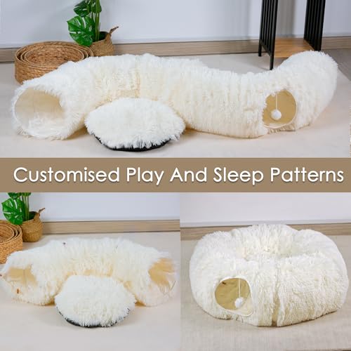 Cat Tunnel Bed for Indoor Cats, Peekaboo Cat Cave with Washable Soft Play Mat, Furry Cat Tube, for Kitten/Puppy/Rabbit, Beige - color: Beige