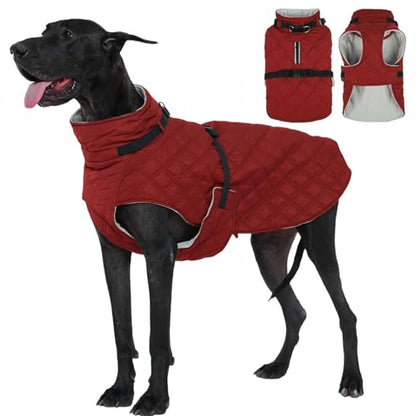 Kuoser Dog Coat Warm Fleece Lining Turtleneck Dog Jacket with Harness Built-in, Windproof Cold Weather Coats with Quick Release Buckle Pet Winter Snowsuit for Extra Large Dogs Great Dane, Red 3XL - color: Red, size: Xxx-large (Chest Girth: 42.5")