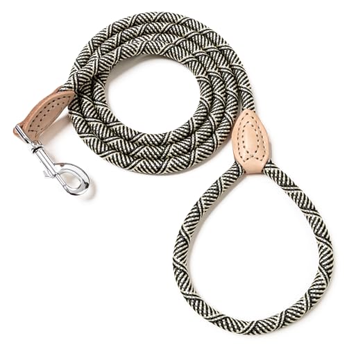 Mile High Life Dog Leash, Rope Leash with Genuine Leather Connection and Heavy Duty Metal Clasp, Great for Small Medium Large Dogs(Black Beige,48 Inch) - color: Rope Handle-Black Beige, size: 48 Inch-1/2"