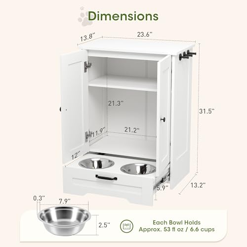 Dog Feeding Station with Storage Cabinet, White Wood Dog Cabinet with 2 Elevated Stainless Steel Bowls, Hidden Pull-Out Feeder Drawer, Pet Feeding Station for Kitchen and Living Room - color: White