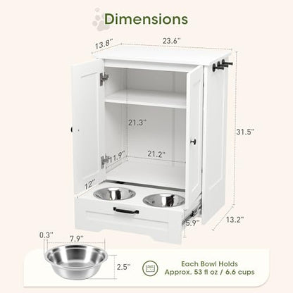 Dog Feeding Station with Storage Cabinet, White Wood Dog Cabinet with 2 Elevated Stainless Steel Bowls, Hidden Pull-Out Feeder Drawer, Pet Feeding Station for Kitchen and Living Room - color: White