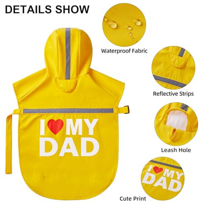 Cute Print Dog Raincoat - Waterproof Rain Jacket with Reflective Strips, Leash Hole, Adjustable for Small to Large Dogs (Yellow, Medium) - color: Yellow (I Love My Dad), size: Medium