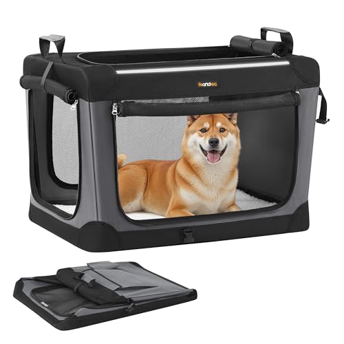 Feandrea Collapsible Dog Crate, 30-Inch Portable Dog Travel Crate for Medium Dogs, Oxford Fabric Pet Carrier with 4 Mesh Doors, Handles, Storage Pocket, Water Bottle Holder, Ink Black UPDC017B01 - size: L（30"L x 21"W x 21"H)