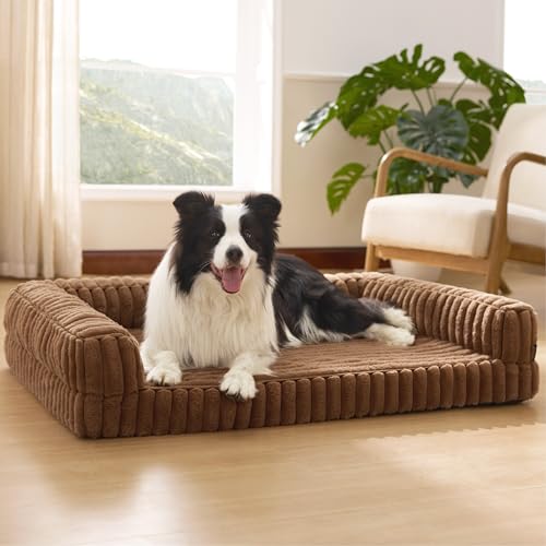 Bedsure ComfyFleece™ Orthopedic Dog Beds Large Sized Dog, Waterproof Memory Foam Pet Bed with Sides, Non-Slip Bottom and Egg-Crate Foam Large Pet Couch Sofa with Washable Corduroy Cover, Brown - color: Camel Brown, size: 35.0"l X 25.0"w X 7"th