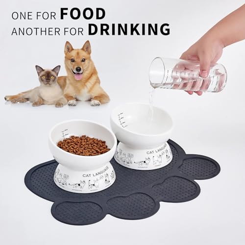 Ceramic Raised Cat Bowls | Tilted Elevated Bowl for Food and Water | Small Dog Bowl With Anti-Slip Silicone Pet Food Mat | 2 Pack Black Set - color: black