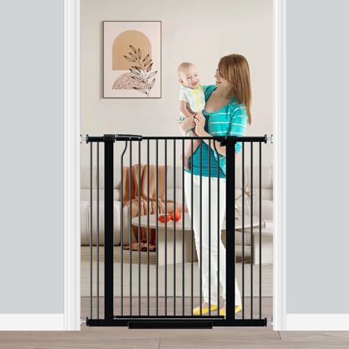 Fairy Baby 40.5" Extra Tall Baby Gate No Drill, 29.6"-40.5" Extra Wide Wide Dog Pet Gate Indoor, Metal Pressure Mounted Safety Child Kid Gate, Auto Close Pet Cat Proof Gate for Stairs Doorway, Black - color: Black, size: 29.6"-40.5"