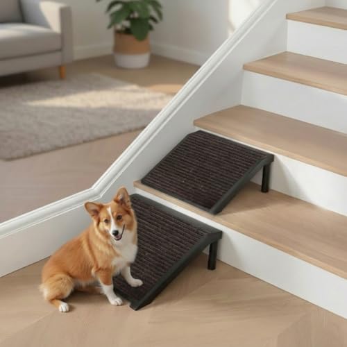 Dog Ramp for Stairs – Non-Slip Pet Steps with Locked-in Carpet & Iron Frame, Helps Senior Dogs & Small Breeds Climb Safely (Coffee-2 Pack) - size: Coffee-2 PACK