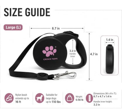 Chew Proof Retractable Dog Leash for Large Dogs, 16ft Heavy Duty Dog Lead with Anti-Chewing Steel Wire Rope, Tangle-Free 360° Swivel, One-Hand Brake & Lock, Black L - color: Black, size: Large