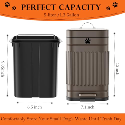Dog Poop Trash Can Outside, 5L/1.3Gal Metal Dog Waste Trash Can with Lid, Foot Pedal, Pet Waste Container with 40 Bags, Poop Bucket with Lid Soft Close for Pet, Brown - size: 5L Brown Trash Can