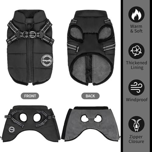 Warm Dog Winter Coat, Windproof Dog Cold Weather Jacket, Reflective & Adjustable Black Pet Vest with Harness, Thick Polar Fleece Lining Cozy Apparel for Small Medium Cats - color: Black, size: Medium