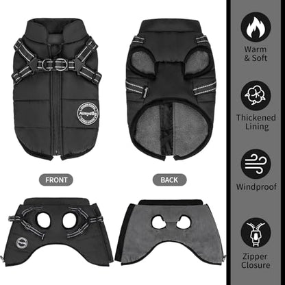 Warm Dog Winter Coat, Windproof Dog Cold Weather Jacket, Reflective & Adjustable Black Pet Vest with Harness, Thick Polar Fleece Lining Cozy Apparel for Small Medium Cats - color: Black, size: Large