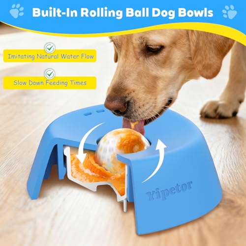 Yipetor Slow Feeder Dog Bowls for Liquid Treat, 【Enrichment Ball-Roll】 Bone Broth Dog Lick Bowl, 3/4 Cup Yogurt Pup Lick Toy for Large Medium Small Breeds Dietary Supplement/Post-op Nutrition - color: blue