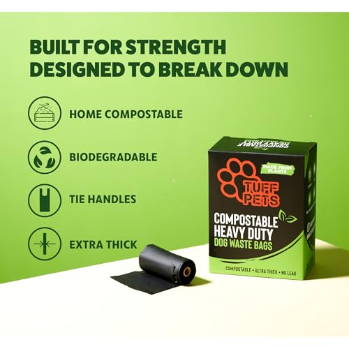 Tuff Pets Certified Compostable Heavy Duty Dog Poop Bag With Handles - 12 Rolls of Pet Waste Bags - Fits in any Dogs Poo Bag Dispenser or Holder - Thick Dog Poop Bags - style: Green - Certified Compostable
